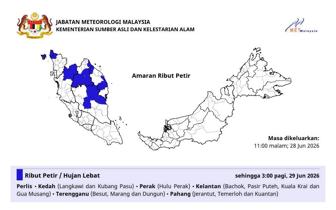 MetMalaysia Issues Thunderstorm and Heavy Rain Warning Across Six States Until Early Morning