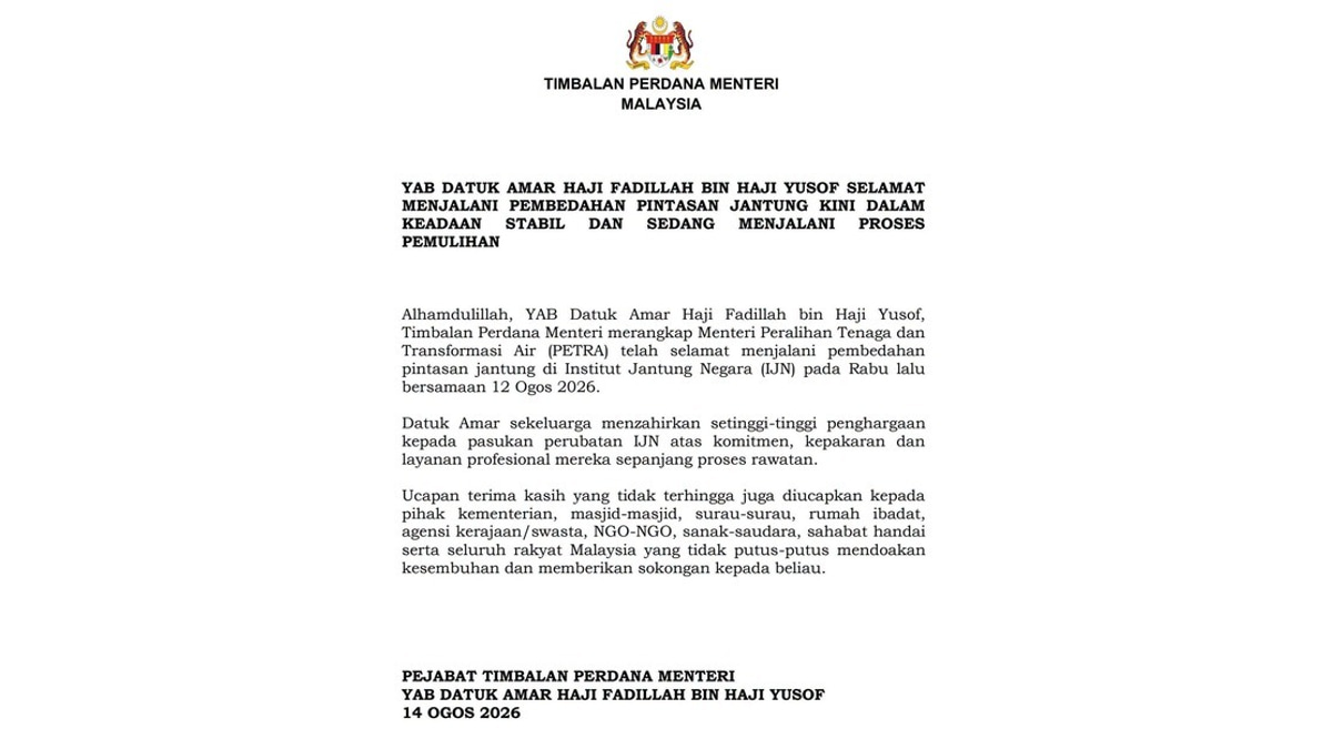 Deputy Prime Minister Fadillah Recovering Well After Double Bypass Surgery