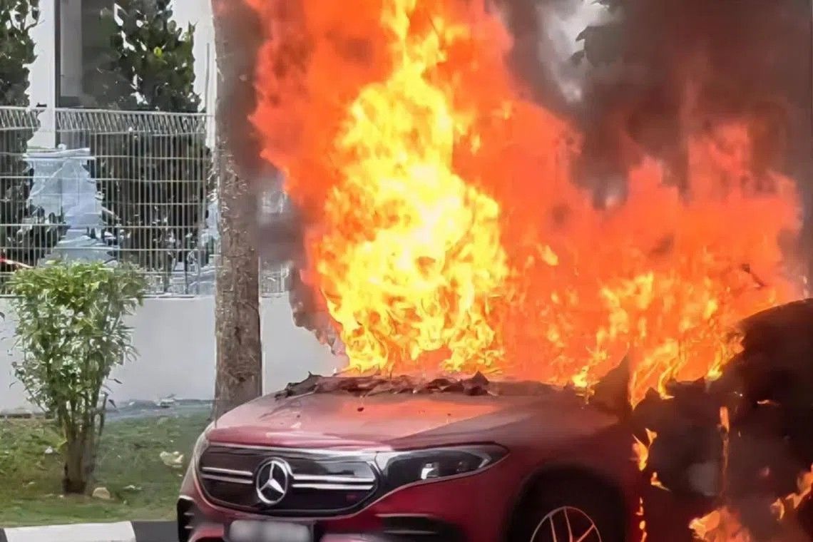 Electric vehicle erupts in flames at Woodlands HDB carpark; firefighters contain blaze swiftly