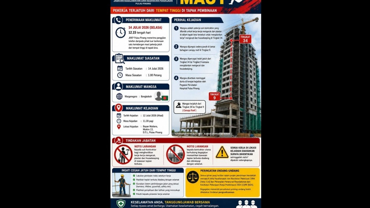 Penang DOSH Investigates Death of Bangladeshi Worker at High-Rise Construction Site