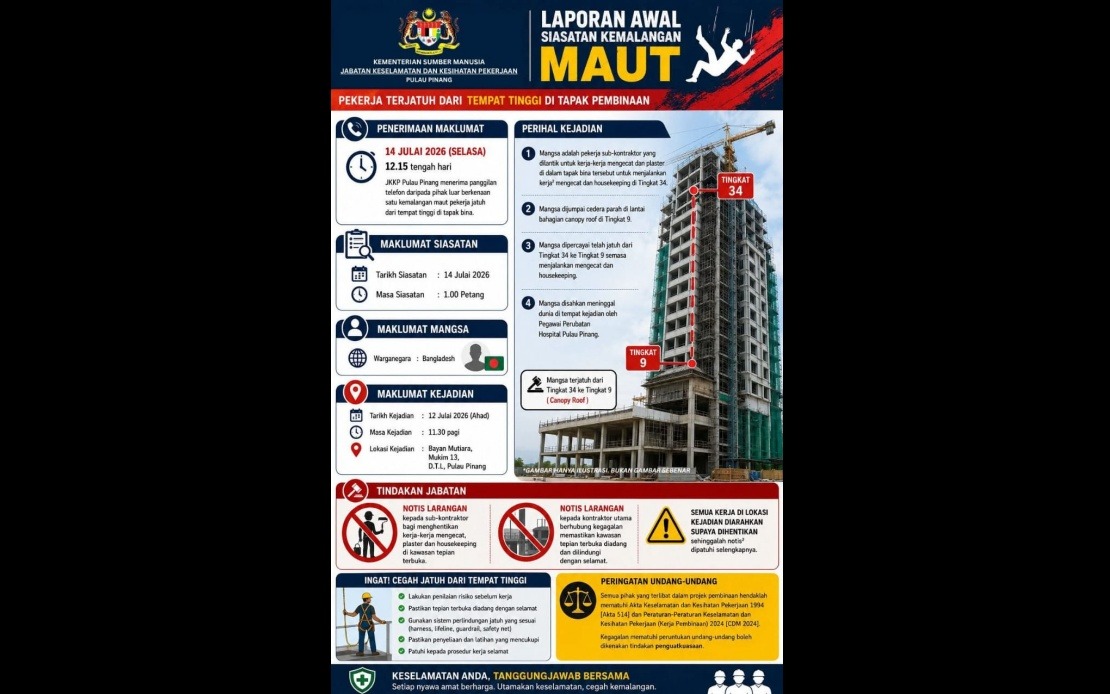 Penang DOSH Investigates Death of Bangladeshi Worker at High-Rise Construction Site