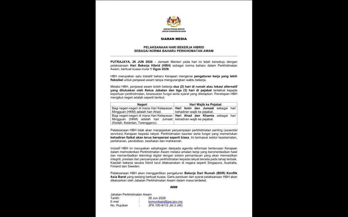 Malaysia's Civil Service to Shift to Hybrid Work Model from August 1